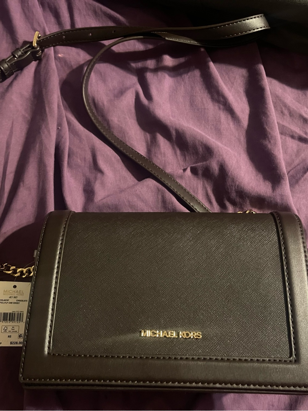 NEW….Michael Kors Dark Brown Saffiano Leather Crossbody with Gold Logo